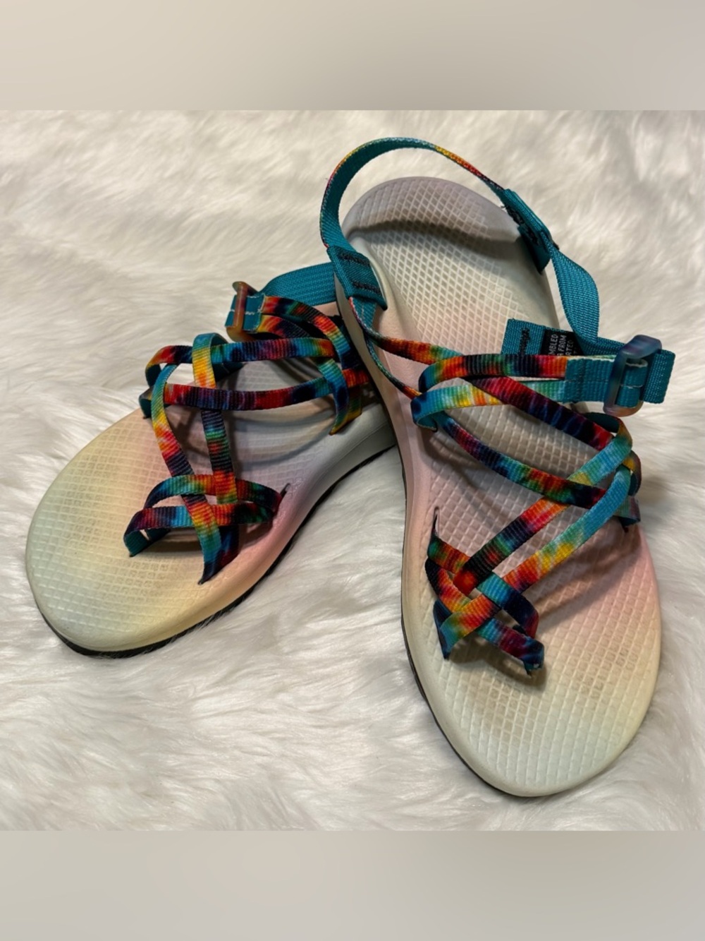 Chaco Women’s Multicolor Tie-Dye Strap Sandals with Teal Accents